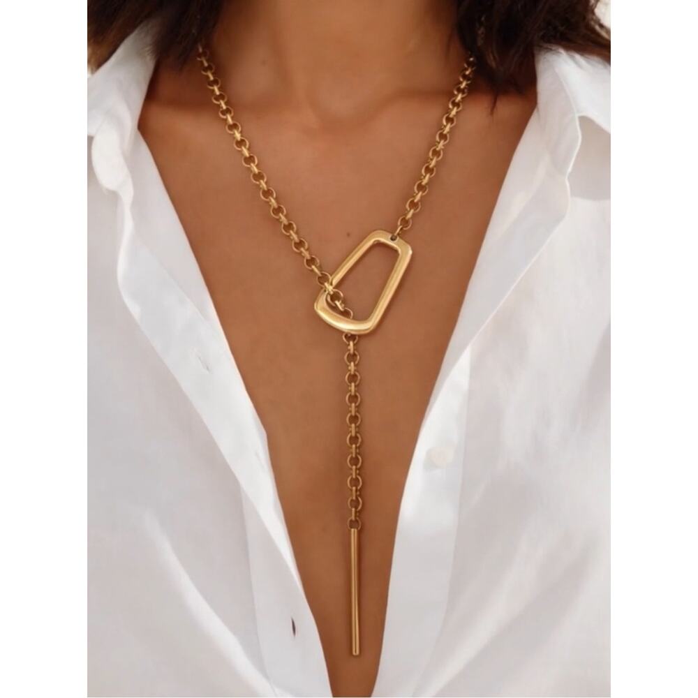 Stainless Steel Gold Geometric Y Lariat Necklace Waterproof Statement Chain